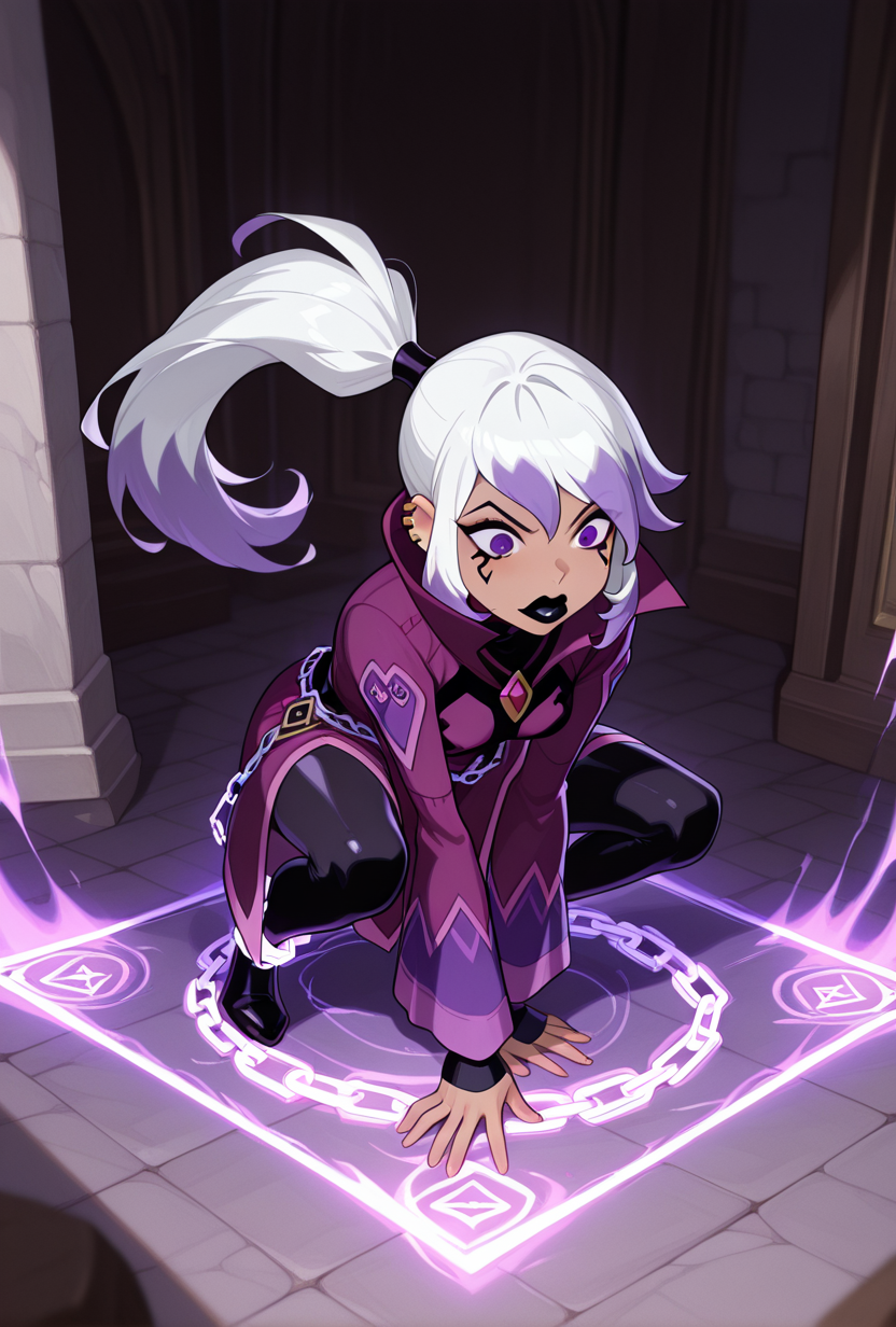 <lora:charmov:1> charmov, long hair, ponytail, , white hair,, 1girl, multicolored hair, purple eyes, ear piercing, two-tone hair, makeup, solo, long sleeves, black lips, purple jacket, long jacket, popped collar, facial expression, dynamic pose,,   <lora:hold_person-_magic_:1> Hold_person, aura form body , square magic, chain, magic chain, crouching, chained down,, masterpiece, best quality, amazing quality, very aesthetic, absurdres, newest,