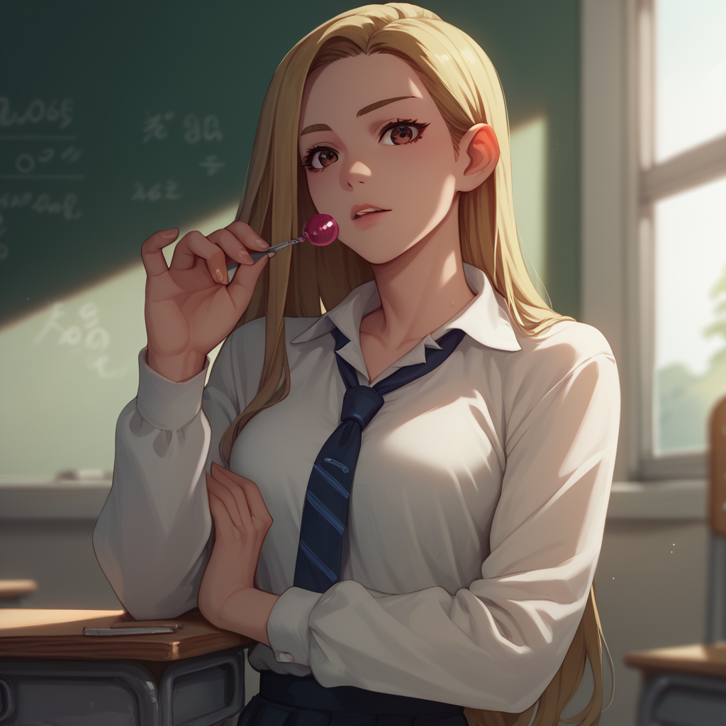 <lora:SlimesRumi:1>, score_9, score_8_up, score_7_up, slimes_rumi, woman, solo, classroom background