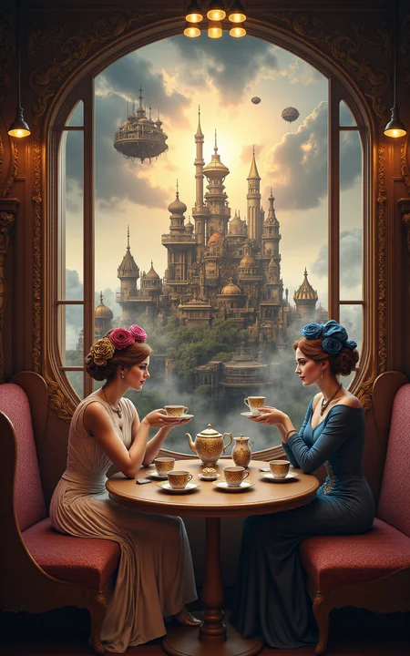 a whimsical steampunk scene of two Victorian ladies having an afternoon tea party aboard a hovering airship lounge,tea served in porcelain sets with brass filigree,each woman in a unique vintage gown with gloves,behind them a fantastical vertical city powered by gears and steam,glowing softly with mechanical life,cloudy sky lit by twin suns,dreamy vivid style.,
<lora:aidmaMJ6.1v0.4:0.6>,aidmaMJ6.1,<lora:detailifier_sd3.5:0.8>,detailifier,