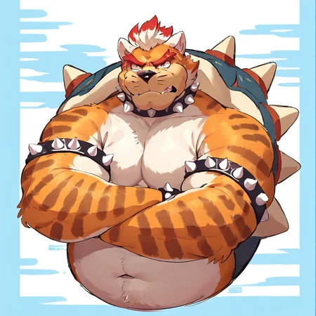 score_9, score_8_up, score_8, furry, Meowser, cat, spiked shell, spiked bracelets, spiked choker, cartoon style, 2d, overweight male, pecs, solo, upper body focus, arms crossed, looking at viewer, angry eyebrows, blue sky background