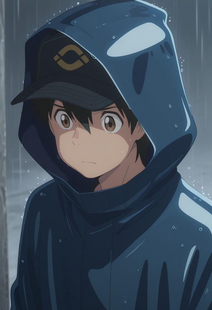 masterpiece,best quality,amazing quality, source_anime,
HodakaMorishima, 1boy, male focus, solo, brown eyes, black hair, hair between eyes, hat, baseball cap, blue raincoat, hood up, rain,