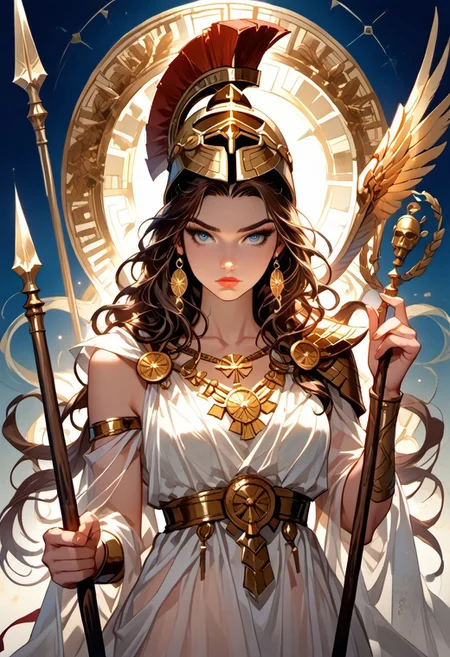 Stable_Yogis_PDXL_Positives, (score_9, score_8_up, score_7_up), ((zPDXL3)), ((zPDXLxxx)), ((Greek mythology style)), ((face focus, eye focus, dynamic angle, motion)), 1girl, solo, fantasy, (greek_athena, helmet ontop of head, brown hair, long hair, toga, armor, sandals), ((((sheer material, silk, semi-transparent clothes)))), (ancient greek clothes), (armor), (holding spear), lace, cape, breathless intimacy, tanned skin, petite model bombshell, heart, young, delicate features, narrow pointy nose, tiny nose, lust, big eyes, seductive eyes, blue eyes, detailed skin, flared lashes, mascara, makeup, perky huge breasts, athletic body, narrow waist, skinny hips,
warm light, detailed, neon dark party
BREAK
milky way, runes, arcane, astral, surreal, ethereal glow, masterpiece, best quality, intricate design. colorful, moonlit nightsky, stained glass aesthetic, moody whimsical color palette, murano glass, bold soldering lines, volumetric light shining through, crepuscular rays, intricate craftsmanship, detailed texture, luminous transparency, reflective light play, vivid hues, atmospheric depth, enchanting silhouette, art nouveau,