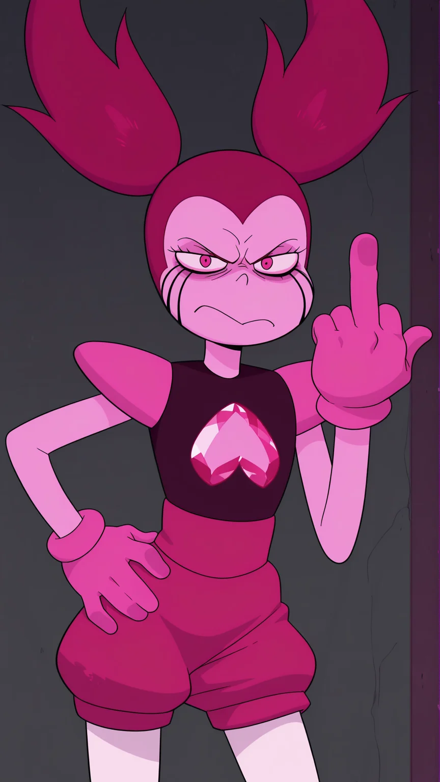 masterpiece,best quality,amazing quality, 1girl, solo, <lora:IlluSpinel:1> illuspnel1, twintails, pink eyes, pinkhair, pink skin, gloves, white pantyhose, black top, shoulder pads, annoyed, looking at viewer, cowboy shot, middle finger, frown, hand on own hip,