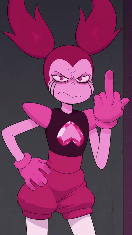 masterpiece,best quality,amazing quality, 1girl, solo, <lora:IlluSpinel:1> illuspnel1, twintails, pink eyes, pinkhair, pink skin, gloves, white pantyhose, black top, shoulder pads, annoyed, looking at viewer, cowboy shot, middle finger, frown, hand on own hip,