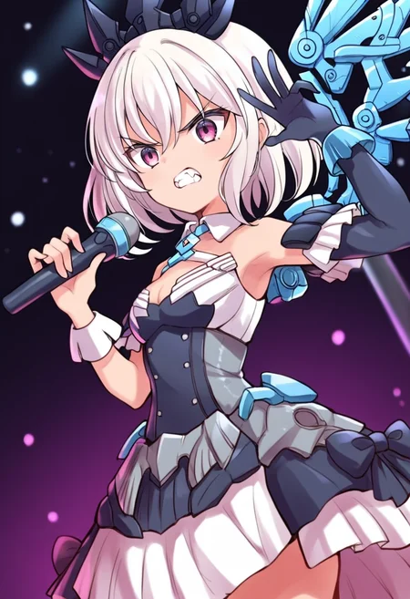 (score_9:0.9),score_8_up,score_7_up,anime style,rating_safe,<lora:30ms Alpha Sisters Phantasm ponyXL v1:0.86>,Alpha Sisters Phantasm white,Phantasm dress,holding microphone,microphone,concert,hand up,<lora:SIS-M00 Ilshana ponyXL v3.2:0.75>,SIS-M00 Ilshana,teeth,angry,crown,wings,