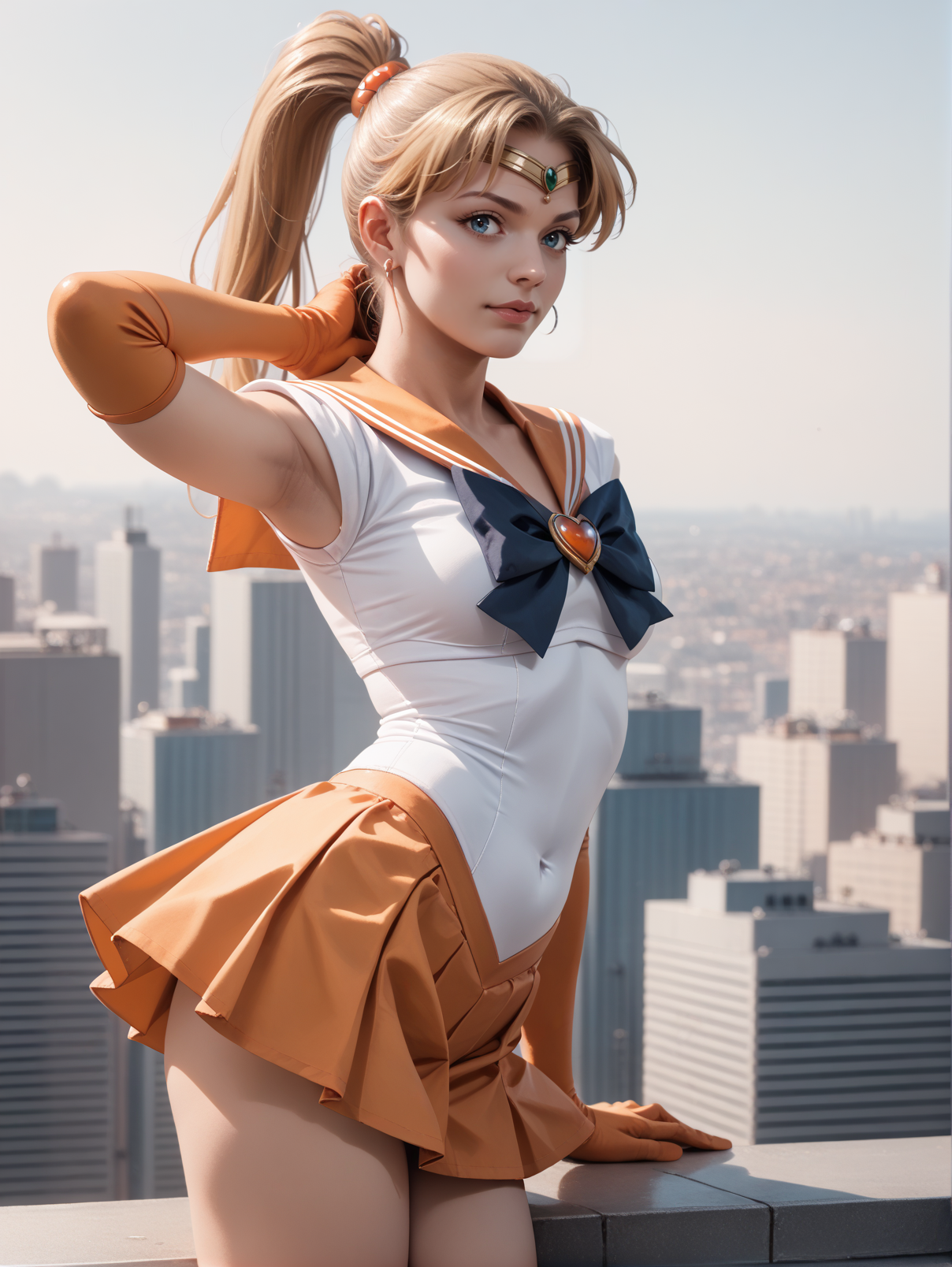 score_9, score_8_up, score_7_up, score_6_up, score_5_up, score_4_up,
1girl wearing an orange sailor senshi uniform, <lora:sailor_senshi_uniform-PD-1.0:1>
ponytail, blonde hair, pose, rooftop, looking out over a futuristic city, elbow gloves, circlet, orange skirt, leotard