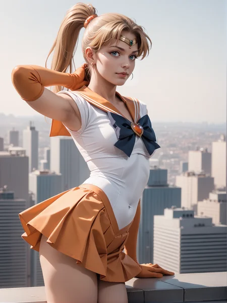 score_9, score_8_up, score_7_up, score_6_up, score_5_up, score_4_up,
1girl wearing an orange sailor senshi uniform, <lora:sailor_senshi_uniform-PD-1.0:1>
ponytail, blonde hair, pose, rooftop, looking out over a futuristic city, elbow gloves, circlet, orange skirt, leotard