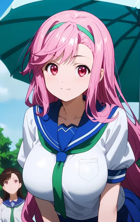 (score_9, score_8_up, score_7_up), standing, leaning forward, looking at viewer, light smile, closed mouth, shiny skin, tight clothes,
ohwx, 1girl, solo, pink_hair, long_hair, hairband, pink_eyes, red eyes, heart, fang, fang_out, breasts, large_breasts,
school_uniform, serafuku,
gazebo,
cowboy shot, dutch angle, close-up,
<lora:shiria_ootsuka_pony_ss:1>