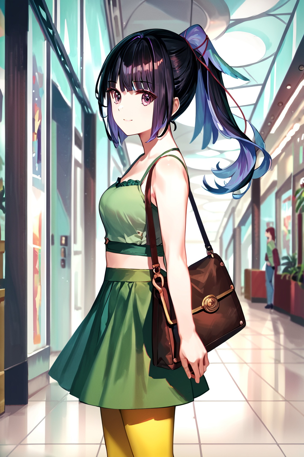 score_9, score_8_up, score_7_up, score_6_up, rating_safe, source_anime, best quality, masterpiece, detailed background, mall, green camisole, midriff, green skirt, yellow leggings, purse, from side view, <lora:karasuba-xl-04:0.8>, karasuba, prima uniform, ponytail, medium breasts, smile