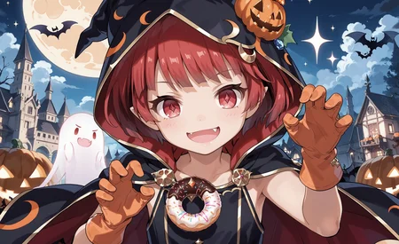 score_max, (score_9, score_8_up, score_7_up:1.2), score_6_up, official art, source_anime,
, masterpiece, absurdres, high detail, 8k,
night, halloween, crescent moon, bat, ghost, sparkle, shadow castle, pumpkin, candy cane, doughnut, upper body,
claw pose, evil smile, open mouth, fang,
, jigita, red hair, short hair, hood, black dress, collarbone, black cape, gold trim, orange gloves, elbow gloves, gem, ornament,
<lora:XL_Pony_gomaotsu-digitalis-t1:1>