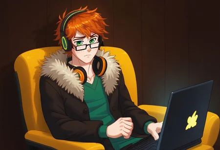 1BOY, SOLO, (anon, male, SFW, human, date, blush blush uncut, 1boy, glasses, male focus, headphones, laptop, brown hair, sitting, jacket, orange hair, computer, white background, freckles, green eyes, fur trim)