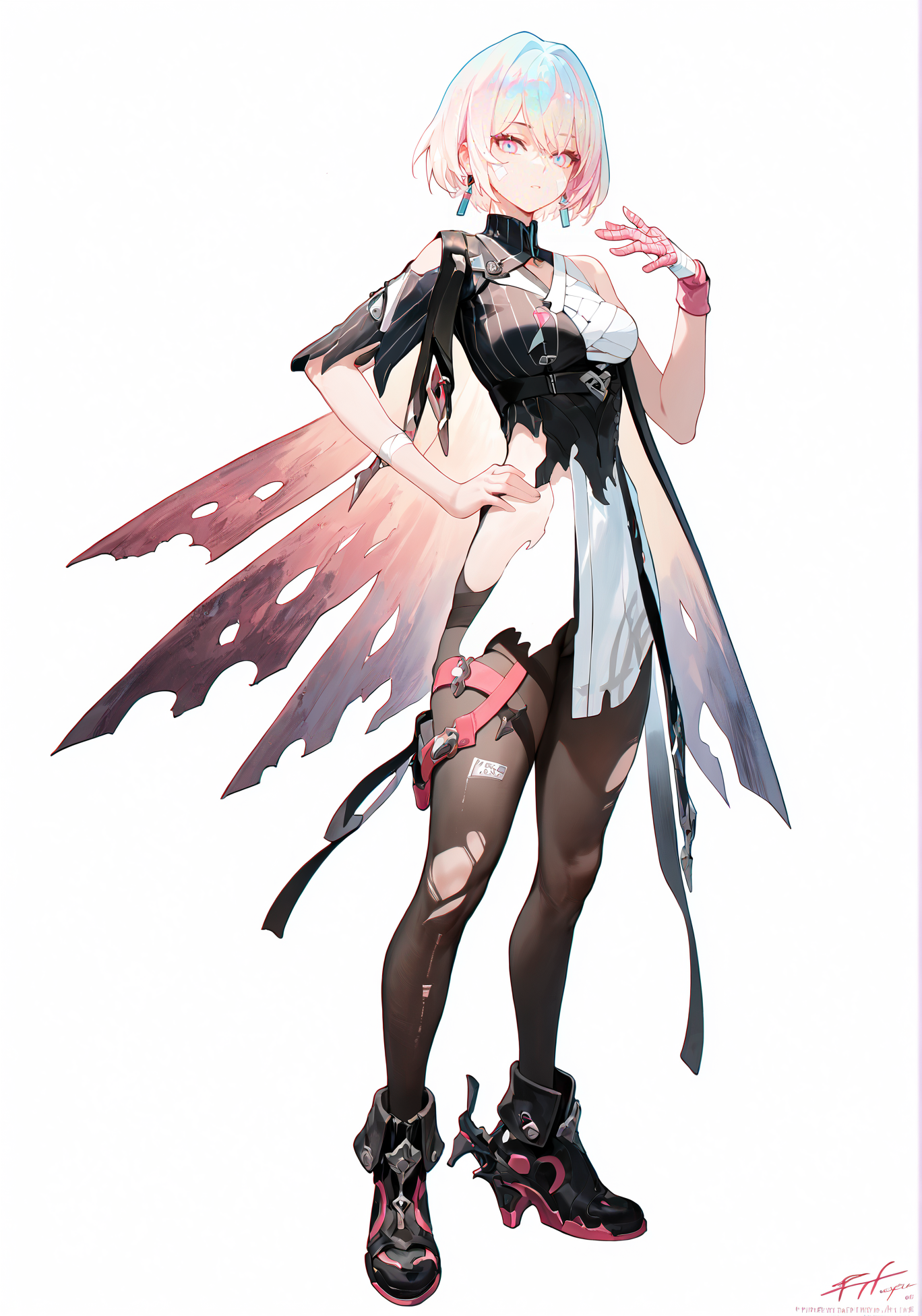 score_9, score_8_up, score_7_up, score_6_up, 8k, 
8k, best quality, masterpiece, (ultra-detailed:1.1), (high detailed skin), 
(full body), ( white background:1.3), standing, looking at viewer, (solo), hand on hip, 
<lora:Lantern-pony-Tanger:0.8>, dengsfl, broken clothes, torn clothes, multicolored hair, 1girl, multicolored eyes, bandages, bandaged arm, pantyhose, black footwear, pink gloves, single glove, torn pantyhose, short hair, 
(beautiful_face), ((intricate_detail)), clear face, 
((finely_detailed)), fine_fabric_emphasis, 
((glossy)), full_shot,