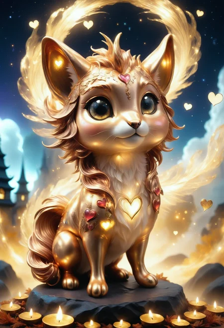 a cute zhibi domestic animal <lora:zhibi:0.8> made out of Jed-ANC <lora:ArtNouveauCopperStyle:0.9>, cuteness overload, surrounded by stardust and floating hearts <lora:heartmiststyle:0.5> in a starLS fantasy landscape <lora:stardustlandscapes-000006:0.7>, hairy, sction pose, ruff, city and mossy rock background, dense cityscape, at golden hour, wide view, land art, natural lighting, highly enhanced, imposing, magical, luxury, intense