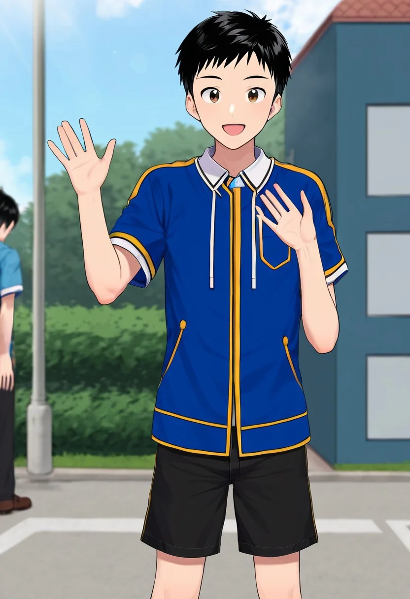 harmard, black hair, short hair, brown eyes, 1boy, solo, solo focus, wear open clothes, short sleeve, blue clothes, half clothes, wear black shorts, outdoor setting, right hand waving gesture