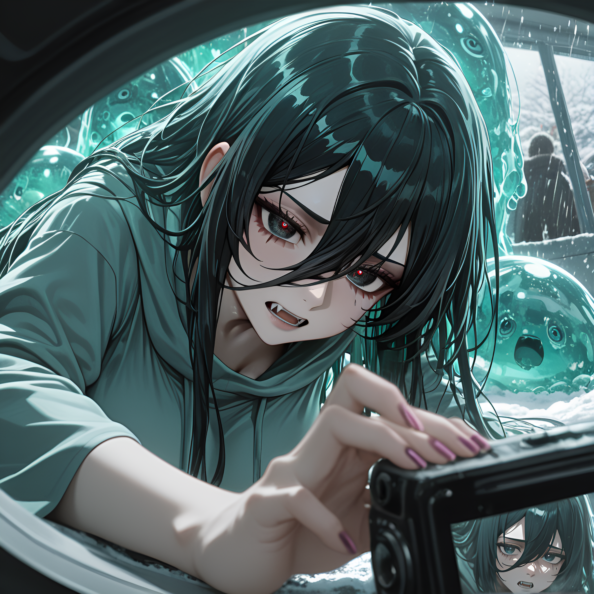 1girl, very aesthetic, blurry foreground, absolutely eye-catching, very long hair, anime character, slime_(creature), motion_lines:1.1, amazing quality, RTX, Mikasa Ackerman (Attack on Titan), newest, group, depth of field, nail_polish, fangs, long_nails, Curio Haven Technomancer Robes - Technology-enhanced robes that interface with ancient relics., taking_a_photo, Electric Jade Theme, In the style of CYBERPUNK, masterpiece, holding_camera, Divine Light / Holy Radiance, hanging breasts, Icy tips hair, motion_blur:1.1, dreamcore, Reptilian Alien, absurdres, snow, eye focus, 8K, ultra-detailed, sandals, best quality, Prisoner desperately pulling at chains as moonlight filters through barred window, Artfully tousled, pale skin, large breasts, ambient occlusion