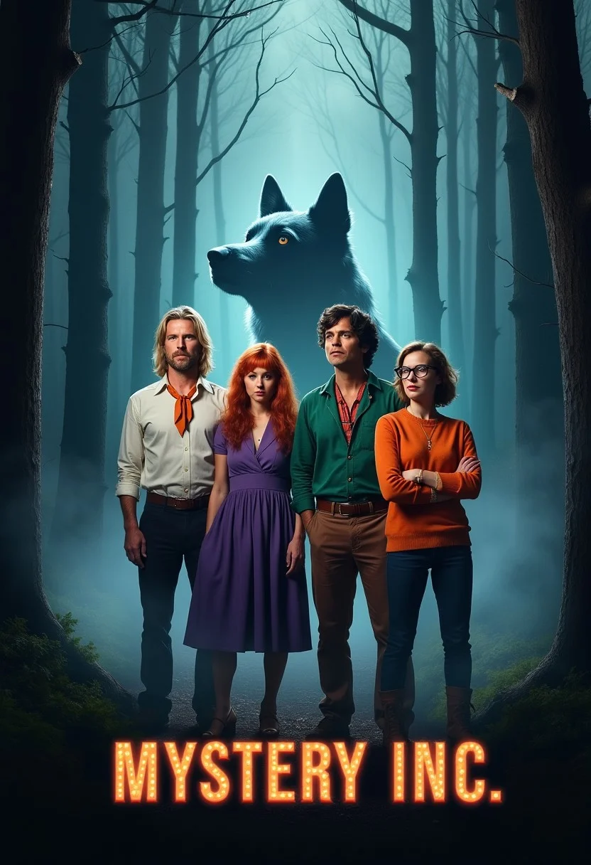 A mystery movie poster featuring four adults, one man in a white shirt orange ascot blonde hair, one hippie man with a green shirt and brown pants, one woman with a purple dress orange hair, one nerdy woman with an orange sweater and glasses short brown hair, a shadow of a large dog is in the background. Set in a misty forest at night, where mist rises up from the ground. The characters are posed looking out in searching pose, A movie poster with the title "MYSTERY INC" at the bottom, action mystery film,mvpstrCE style