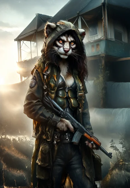safe_pos, score_9, score_8_up, score_7_up, ((source_furry)), realistic, 1girl, (anthro:1.5, furry, female, Ferret[animal], whiskers, paws, claws, orange eyes, slit pupils, body fur, gray fur, wearing a hood, green camo jacket, black cargo pants, bulletproof vest), detailed fur, ak47rd, StalkerWorld, holding gun