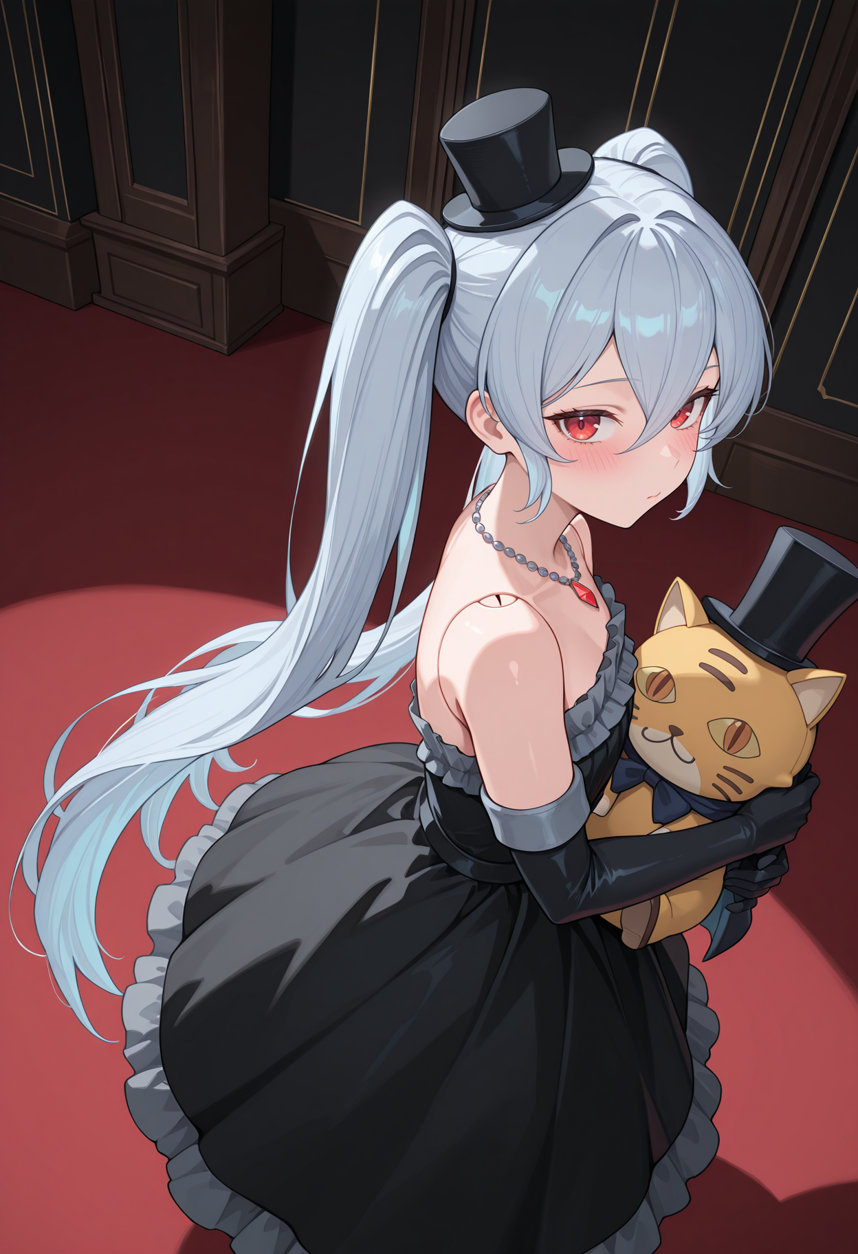highres, best quality, masterpiece, indoors, black theme, 
1girl, solo, gbfochd, twintails, light blue hair, grey hair, very long hair, red eyes, joints, hair between eyes,
ochddef, top hat, mini hat, black dress, necklace, strapless dress, grey frills, elbow gloves, black gloves,
looking at viewer, blush,
from side,
stuffed toy, stuffed cat, holding, from above,
<lora:_orchid_gbf-elesico-ilxlA-000013:1>