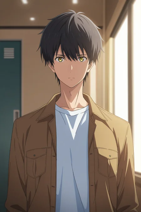 masterpiece, best quality, amazing quality, very aesthetic, high resolution, ultra-detailed, absurdres, newest, scenery, volumetric lighting, depth of field,anime screencap, , , 1boy, solo, male focus, <lora:kuro:0.95>, kuro sakuragawa,black hair,yellow eyes,short hair,bangs,looking at viewer, shirt, closed mouth, jacket, white shirt, upper body, open clothes, brown jacket,indoors