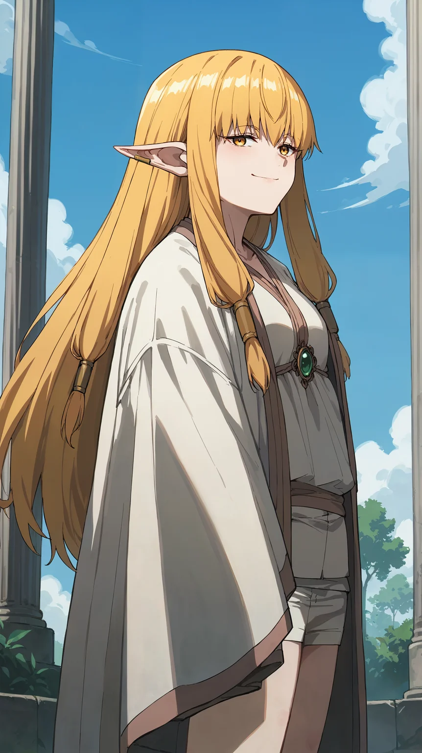 score_9,score_8_up,score_7_up,score_6_up, <lora:xl_more_art-full_v1:0.5>, source_anime, woman, dynamic pose, winking, <lora:Serie - Pony:1>, long hair, blonde hair, hair tubes, low-tied sidelocks, yellow eyes, pointy ears, elf ears, bangs, white robe, robe on shoulders, peplum top, white shorts, pillars, marble, smug, overgrown, short shorts, covered arms,