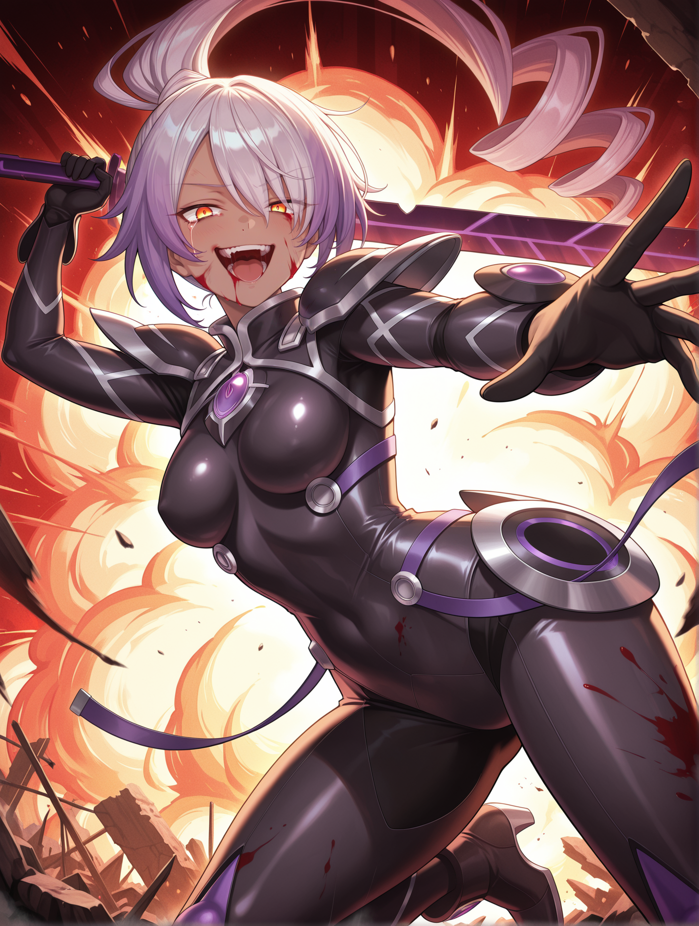 sky striker ace - azalea,1girl,solo,open mouth,looking at viewer,medium breasts,holding purple katana,purple katana,high ponytail,black battle bodysuit,evil grin,ruins,fire,blood on clothes,blood on face,half-closed eye,explosion,crazy smile,dark-skinned female,single_tear,outstretched hand,weapon over shoulder, incoming attack, blood from eyes, 
masterpiece,best quality,amazing quality,very aesthetic,absurdres,newest,<lora:sky striker ace - camellia and azalea illusXL v2:0.75>,