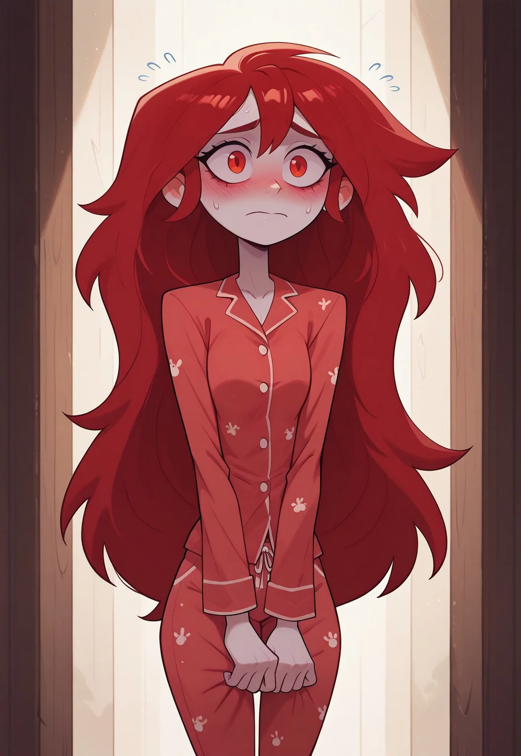 ch1ldcn, masterpiece, best quality, newest, absurdres, highres, best quality, newest, absurdres, highres, red_osp, red eyes, long hair, red hair, solo, alone, female focus, looking at viewer, white skin,shy, nervous, embarrassed, pajamas