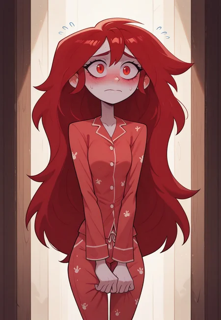 ch1ldcn, masterpiece, best quality, newest, absurdres, highres, best quality, newest, absurdres, highres, red_osp, red eyes, long hair, red hair, solo, alone, female focus, looking at viewer, white skin,shy, nervous, embarrassed, pajamas