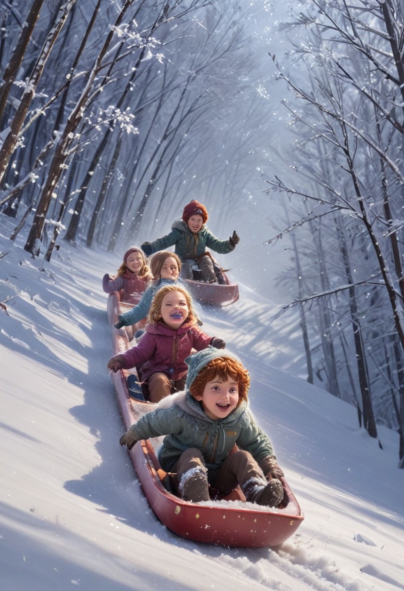a fantasy picture, children sledding between glittering snowflakes slide down a snowy hill