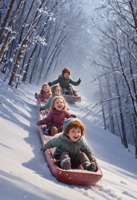 a fantasy picture, children sledding between glittering snowflakes slide down a snowy hill