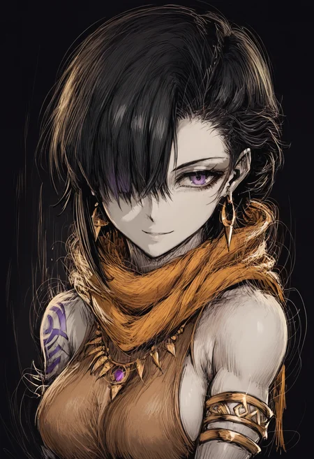 score_9, score_8_up, score_7_up, 
1girl, black hair, pale skin, purple eyes, hair over one eye, medium hair, medium breasts,
noble, native embroided black and gold scarf, exposed shoulders, gold tribal tattoo in shoulders, gold jewelry, earrings, 
classic fantasy, looking at viewer, seductive, soft smile, dark, dark theme,
<lora:Black_souls_style:0.8>, <lora:Expressive_H:0.3>, <lora:cutesexyronutts_style_xl:0.8>, <lora:THRD_r1:0.8>, THRD,