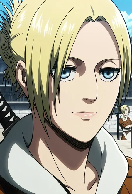 score_9, score_8_up, score_7_up,1girl,source_anime,annieS1 ,blonde hair,short hair,blue eyes,tied hair,detailed face,masterpiece,best quality,holding a katana, sexy,outdoors,smile, annie leonhardt, <lora:annieS1:1>