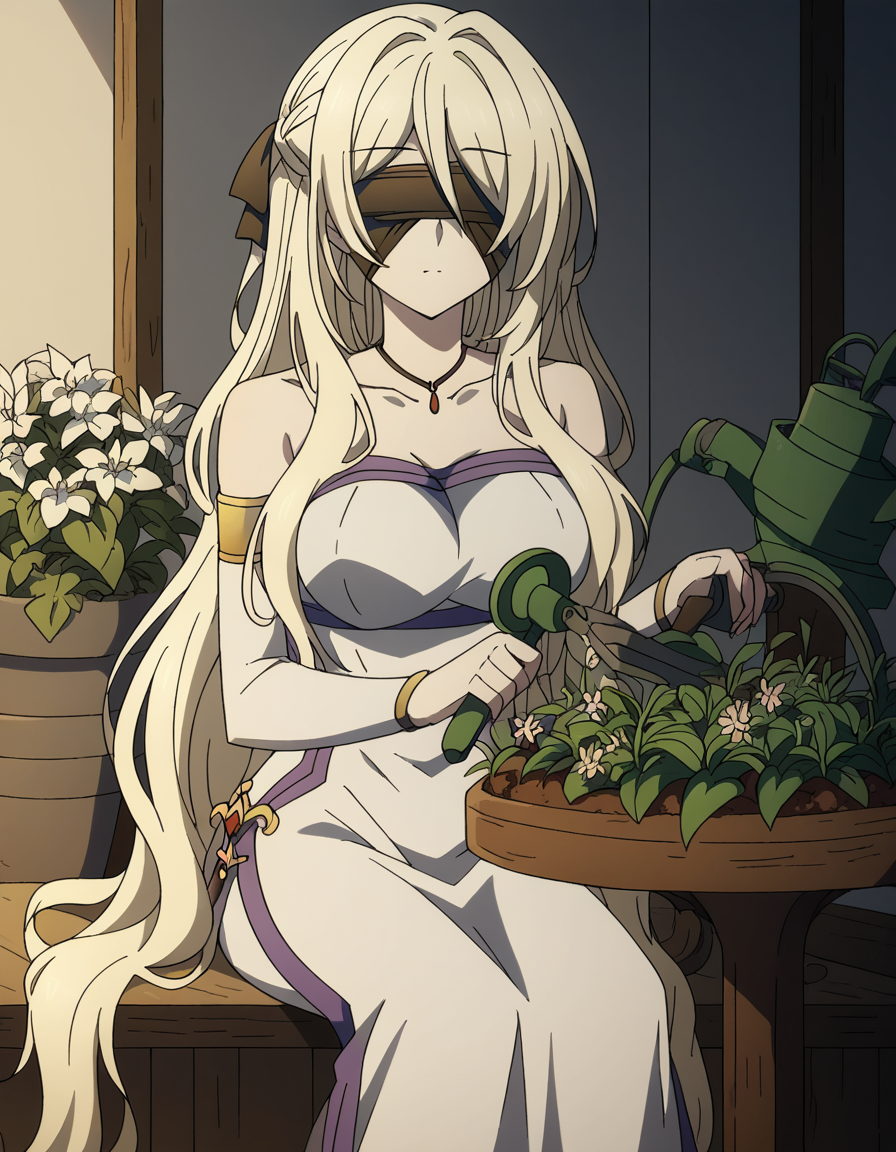 score_9, score_8_up, score_7_up, source_anime, <lora:sword-maiden-s2-ponyxl-lora-nochekaiser:1>, sword maiden, long hair, bangs, blonde hair, blindfold, covered eyes, black blindfold, large breasts,, dress, jewelry, weapon, sword, necklace, white dress, bare shoulders, collarbone,, gardening, watering plants, backyard, flowers blooming, sunny day,, , looking at viewer, sitting, elbow rest, table,, solo,, cowboy shot, dutch angle