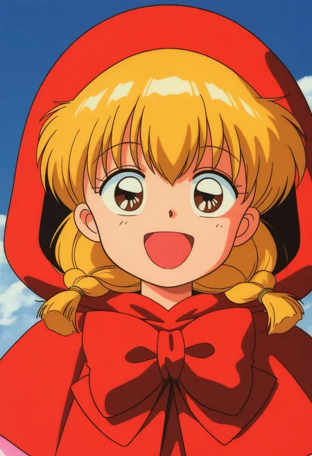 masterpiece, best quality, source_anime,official art,perfect_anatomy,1990s_\(style\),retro_artstyle,chacha,1girl,brown eyes,blonde hair,twintails,twin braids,red dress,red capelet,hood,(beautiful detailed face,looking_at_viewer,happy,smile,^o^),portrait,close to viewer,day,blue_sky,cloud