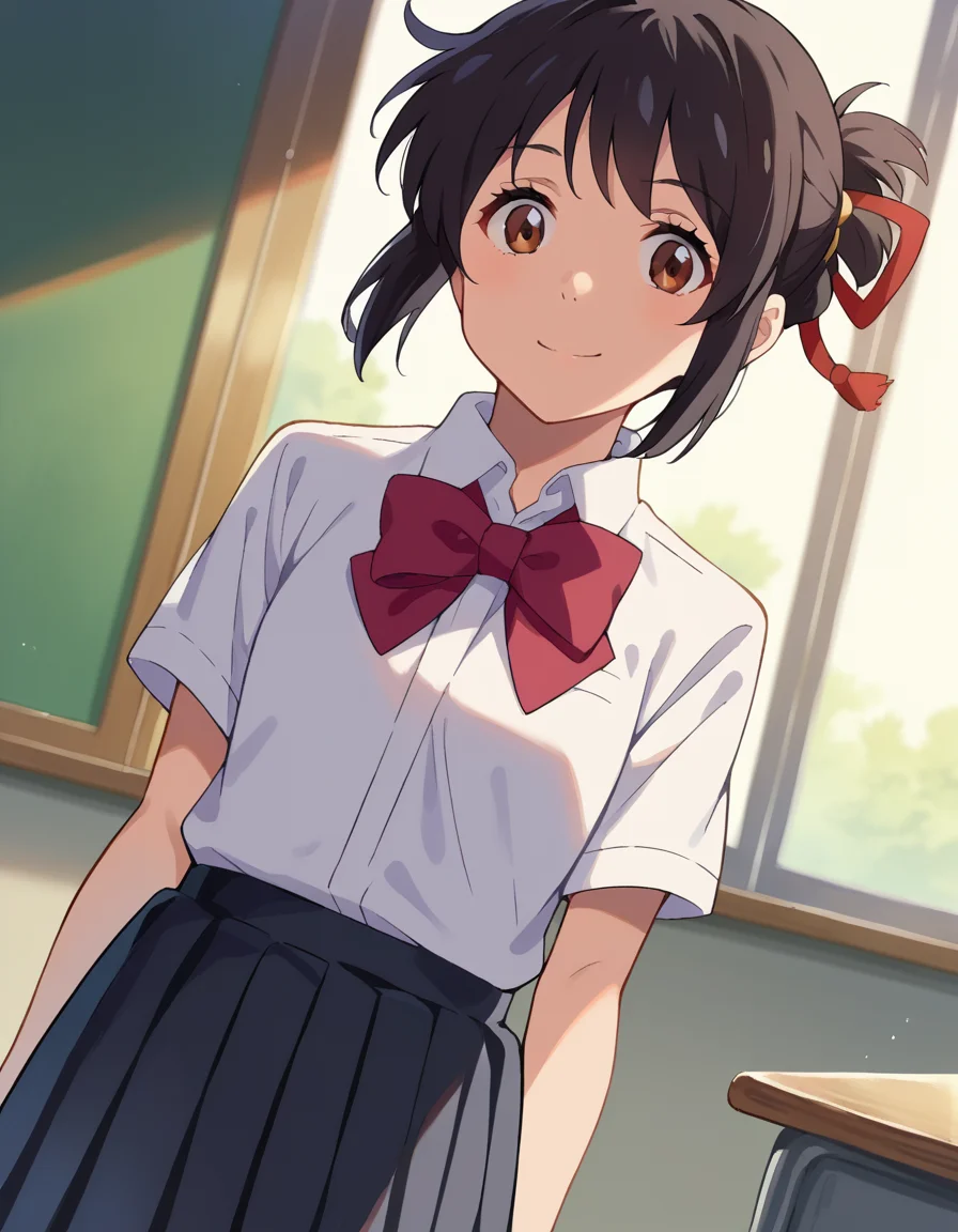 score_9, score_8_up, score_7_up, source_anime,
mitsuhamiyamizu, <lora:mitsuha-miyamizu-ponyxl-lora-nochekaiser:1>,
mitsuha miyamizu, black hair, brown eyes, smile,
short hair, bow, ribbon, hair bun, school uniform, hair ribbon, bowtie, red ribbon, shirt, white shirt, collared shirt, short sleeves, skirt, black skirt, pleated skirt,
indoors, classroom,
looking at viewer, dutch angle, cowboy shot,