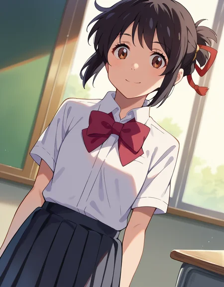score_9, score_8_up, score_7_up, source_anime,
mitsuhamiyamizu, <lora:mitsuha-miyamizu-ponyxl-lora-nochekaiser:1>,
mitsuha miyamizu, black hair, brown eyes, smile,
short hair, bow, ribbon, hair bun, school uniform, hair ribbon, bowtie, red ribbon, shirt, white shirt, collared shirt, short sleeves, skirt, black skirt, pleated skirt,
indoors, classroom,
looking at viewer, dutch angle, cowboy shot,