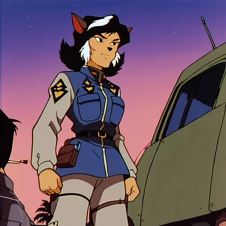 score_9, score_8_up, score_7_up, score_6_up, score_5_up, score_4_up, BREAK, <lora:Felina_Feral:1>, felinaferal, animal ears, white hair, multicolored hair, belt, uniform, military, military uniform, pocket, retro artstyle, two-tone hair, brown fur, body fur, cat girl, cat ears, black hair, furry female