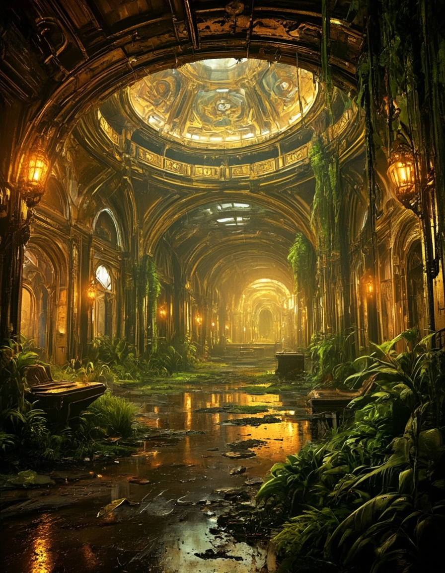<lora:City_Worlds02_Lost_Operaflux:1>  cw02lost, cyberpunk, train station, baroque, medieval, gold, rich room interior, neons, abandonned church, round ceiling, wet, vegetation,