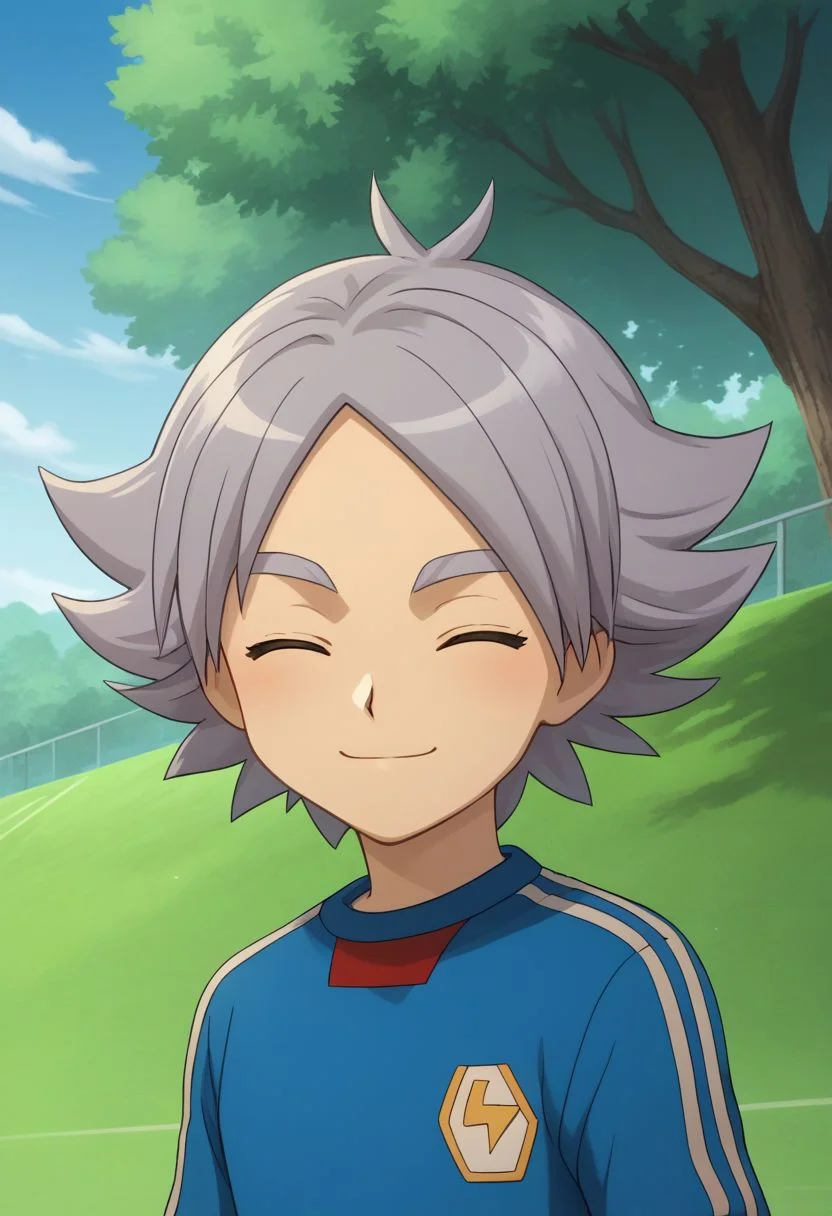 score_9, score_8_up, score_7_up, source_anime, highly detailed, 1boy, solo, male_focus, skinny, slender, 
fubuki2, 1boy, male focus, closed eyes, soccer uniform, sportswear, tree, smile,
raimon soccer uniform, raimon, grey hair,
