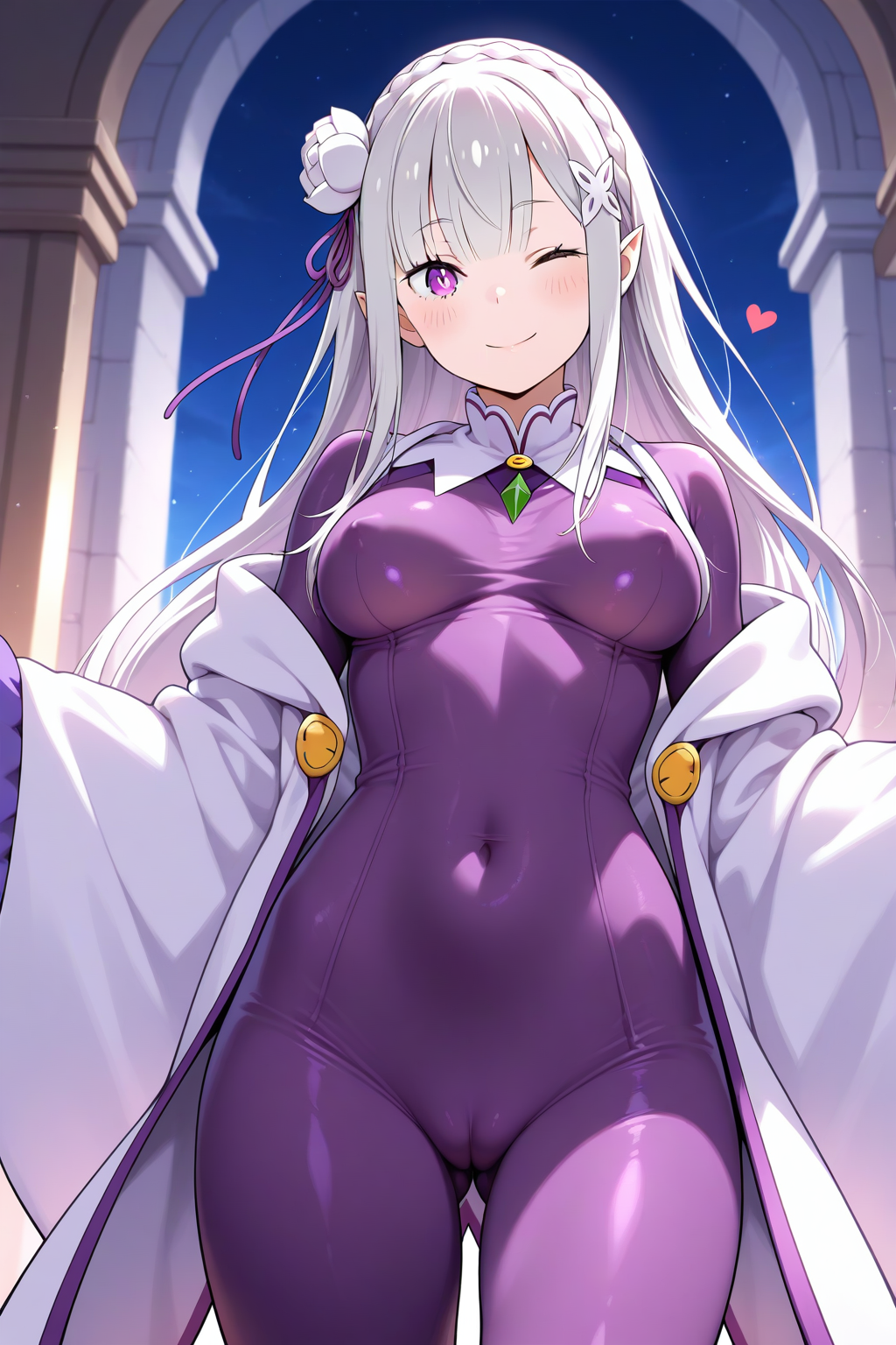 emilia \(re:zero\), 1girl, ;\), bodysuit, braid, breasts, cameltoe, covered navel, covered nipples, crown braid, elf, flower, grey hair, hair flower, hair ornament, heart, long hair, medium breasts, official alternate costume, one eye closed, pointy ears, purple bodysuit, purple eyes, robe, smile, solo, white flower, white robe, (masterpiece, best quality, very aesthetic, absurdres, ultra detailed:1.5)