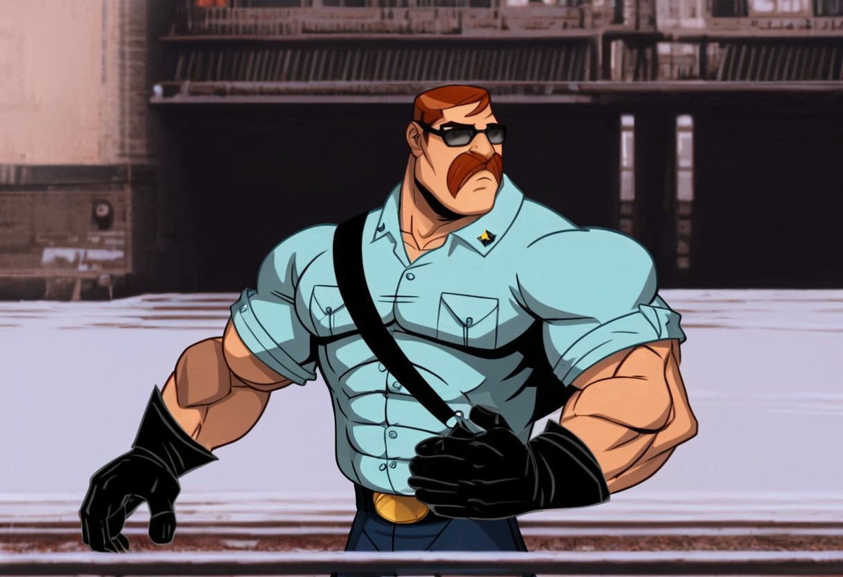 1boy, solo_focus, Black glasses, brown hair, mustache, biceps, bara, muscular, pecs, pectorals, abs, uniform, boots, black gloves, male, manly, black belt, (high quality), high resolution, ultra-detailed, perfect face, (detailed hands), perfect hands, ((Upper body))
