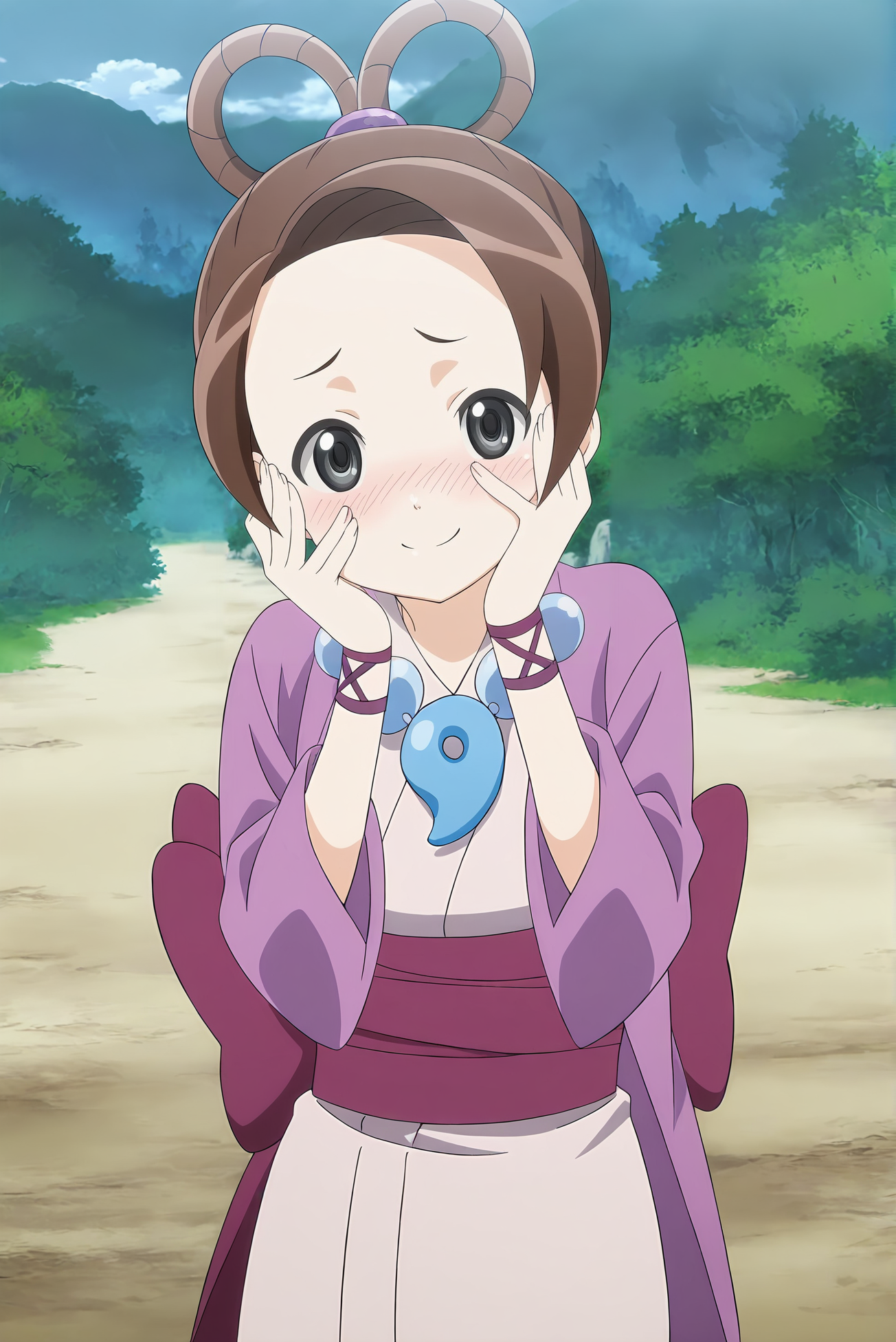 anime screencap,anime coloring,detailed face,masterpiece,best quality,very aesthetic,absurdres,amazing quality,ultra detailed,highres,amazing quality,scenery,beautiful detailed hair,beautiful detailed eyes,official anime artwork,<lora:Pearl Fey-IL V1:1>,Pearl Fey,1girl,japanese clothes,magatama,brown hair,necklace,kimono,jewelry,solo,hair rings,hands on own face,smile,grey eyes,blush,