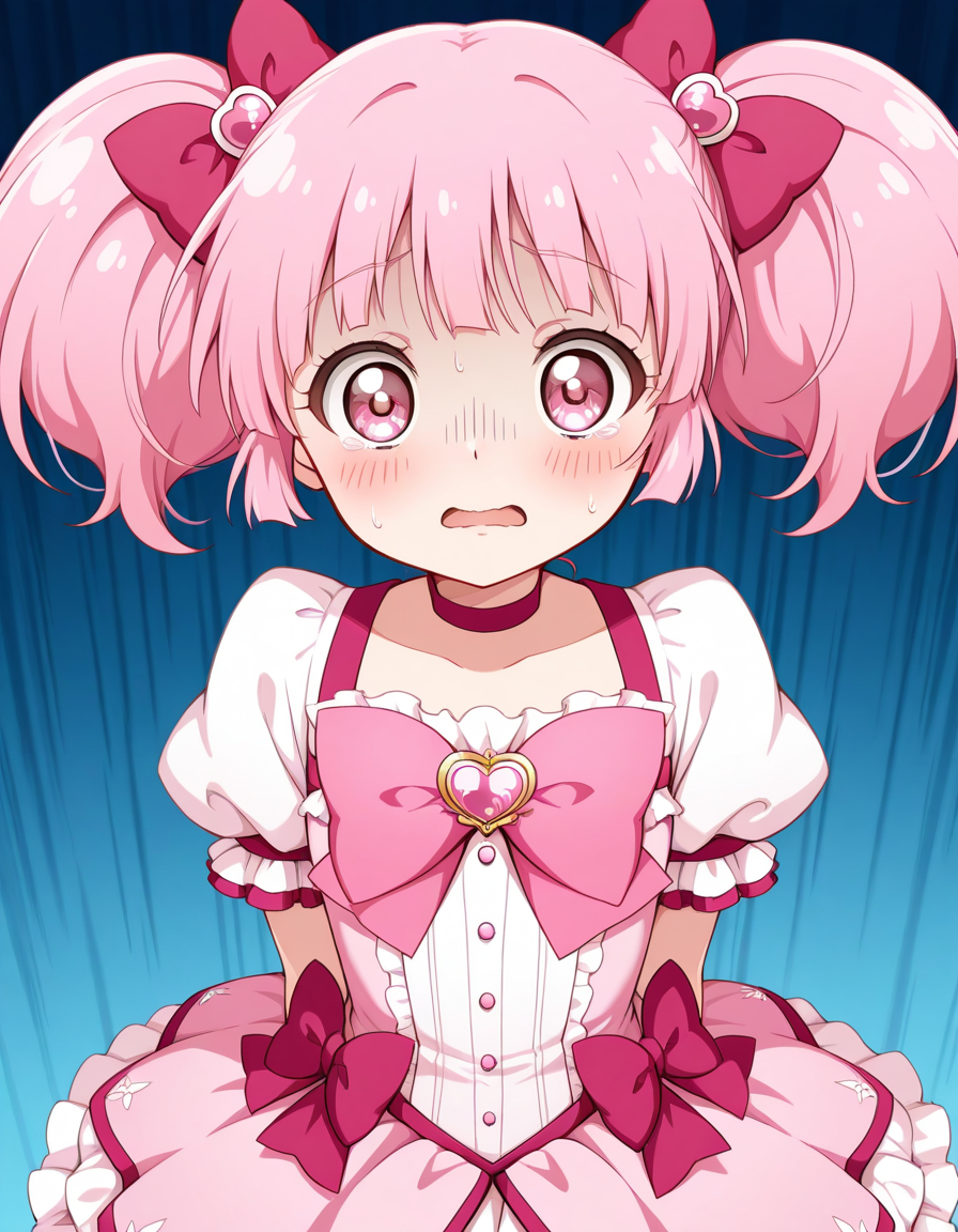 <lora:Yoshikawa_Chinatsu:1> chinatsu_yuyu, 1girl, pink hair, twintails, Scared look, magical girl suit