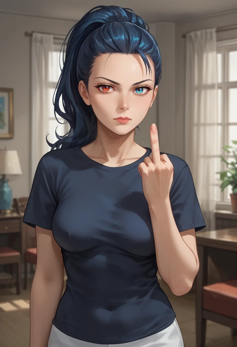 score_9, score_8_up, score_7_up,
best quality, masterpiece, ultra detailed,
<lora:Expressive_H:1>, 28 years old, mature,
looking at viewer,
<lora:Everlasting_Summer_Viola:0.7>, viola, ponytail hair, heterochromia eyes, left eye red, blue eye blue, blue eyes, heterochromia, ponytail, red eyes, black hair, blue hair, medium breasts, milf woman solo,
annoyed face, side from, black t-shirt, middle finger
amazing background,
