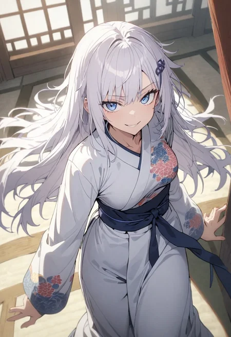 score_9, score_8_up, score_7_up, score_6_up, masterpiece, best quality, absurdres, cinematic, dynamic angle, perfect composition, solo, 1girl, medium breast, gojo satoru, blue eyes, white hair, long hair, hairpin, hanbok, long sleeves, flower pattern, Korean palace, smirk, standing, looking at viewer,