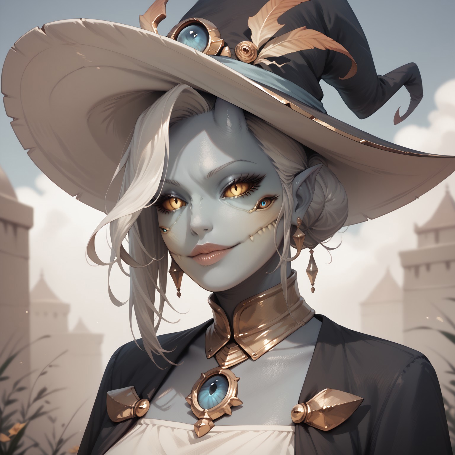 safe_pos, ,score_9, score_8_up, score_7_up, score_6_up, score_5_up, score_4_up, breasts, fishnet pantyhose, detailed face, high quality, high resolution, detailed body, ,  butt, blue skin, blue face skin, witch hat, ,Zamite, four eyes, horns, zPDXL3