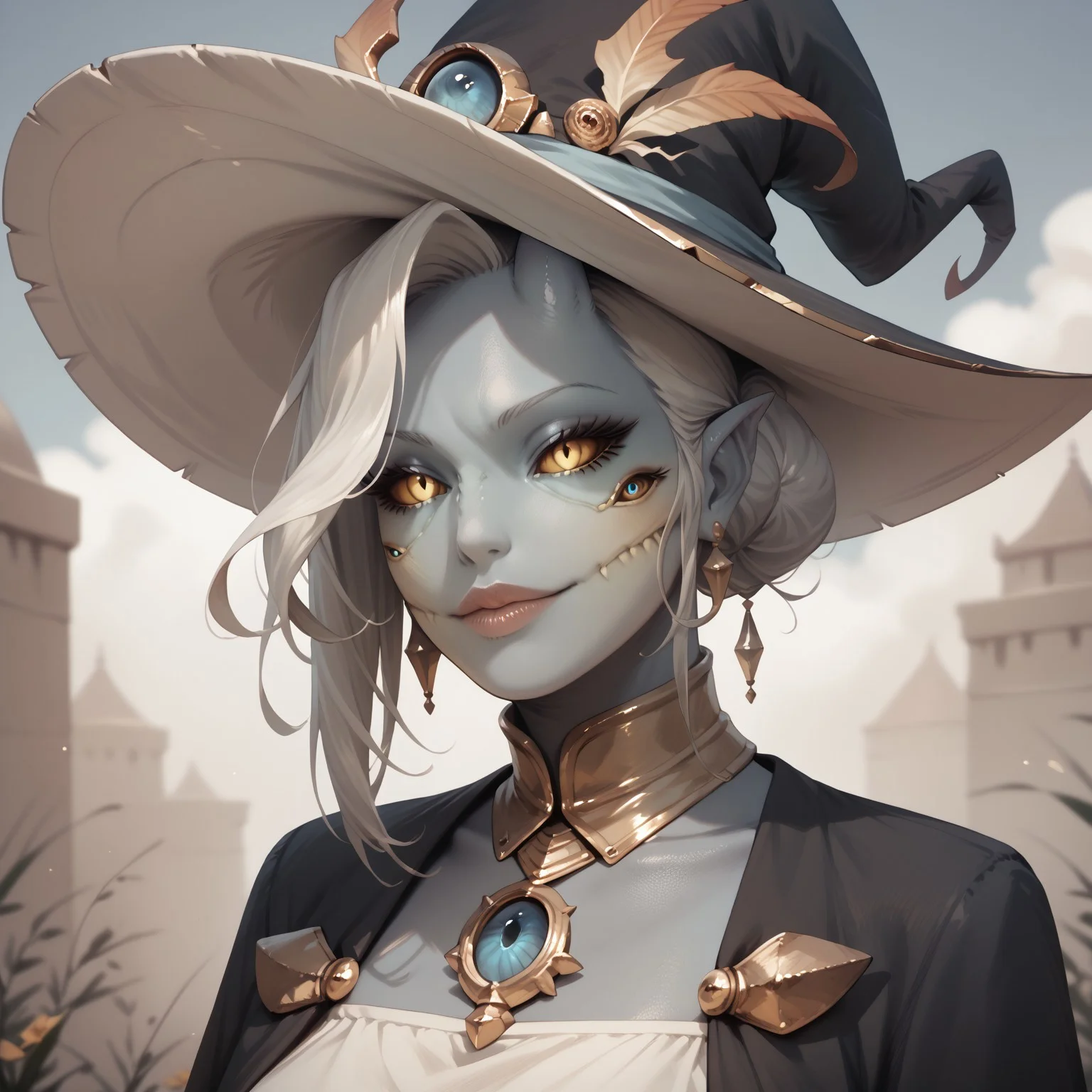 safe_pos, ,score_9, score_8_up, score_7_up, score_6_up, score_5_up, score_4_up, breasts, fishnet pantyhose, detailed face, high quality, high resolution, detailed body, , butt, blue skin, blue face skin, witch hat, ,Zamite, four eyes, horns, zPDXL3