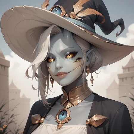 safe_pos, ,score_9, score_8_up, score_7_up, score_6_up, score_5_up, score_4_up, breasts, fishnet pantyhose, detailed face, high quality, high resolution, detailed body, , butt, blue skin, blue face skin, witch hat, ,Zamite, four eyes, horns, zPDXL3