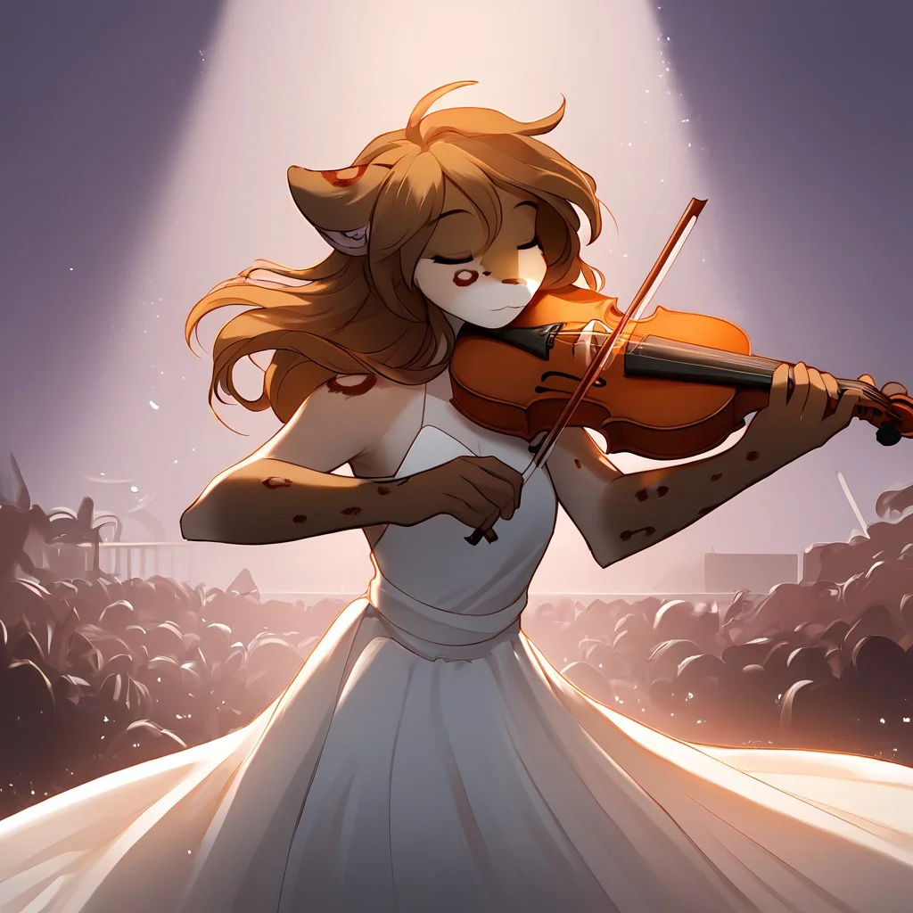 score_9, score_8_up, score_7_up, masterpiece, best quality, good quality, highly detailed, absurdres, smooth, Expressiveh, concert hall, spotlight, 1 girl, solo, kathrin-twokinds, anthro, long dress, bare shoulders, playing-violin, violin, holding, bow \(music\), playing violin, closed eyes