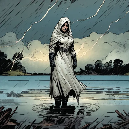 high-definition 8k comicish artwork in dgst artstyle of woman with veil over head, (wearing a white simple wedding dress with black boots and elbow gloves:1.3) standing in a lake during a thunder storm with lightning strikes in the sky
