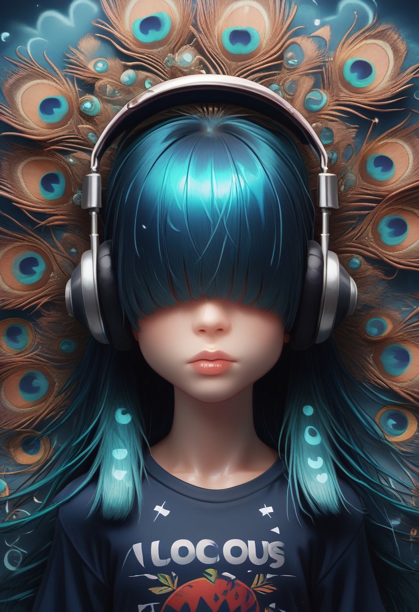 score_9, score_8_up, score_8_up, 1girl, peacock patterned hair, ( straight long hair:1.2), ( bangs over eyes:1.2), solo, peacock long sleeve T-shirt, headphones, high angle, mix of colors space background,
